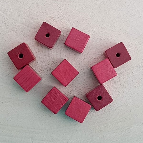 Perle Bois Cube / Carr&eacute; 10 mm Vieux Rose