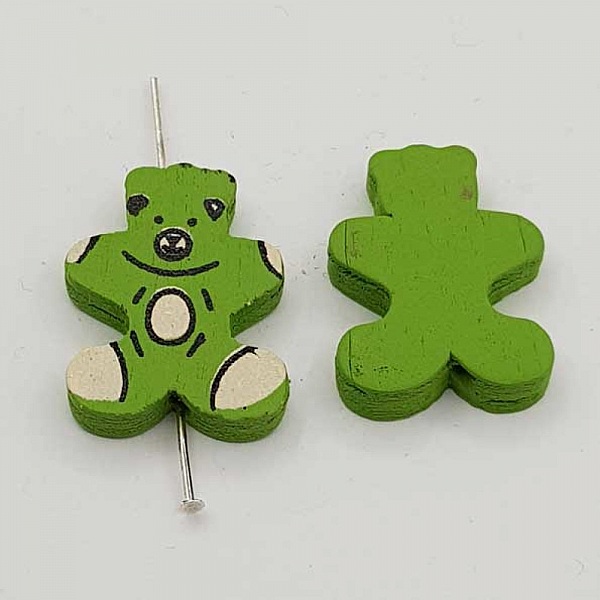 Perle bois forme ours vert N&deg;01-04.