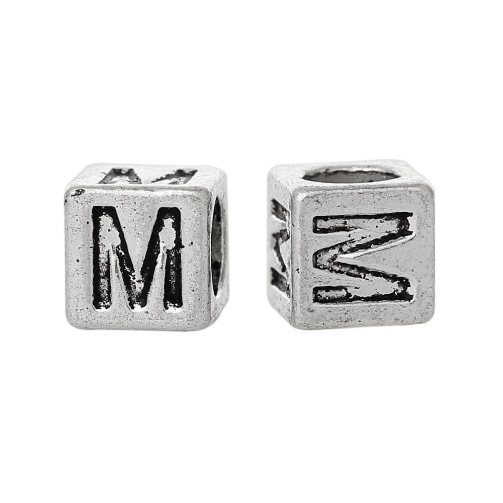 Perle carr&eacute; charms alphabet N&deg;01 lettre M m&eacute;tal argent&eacute; 7x7 mm