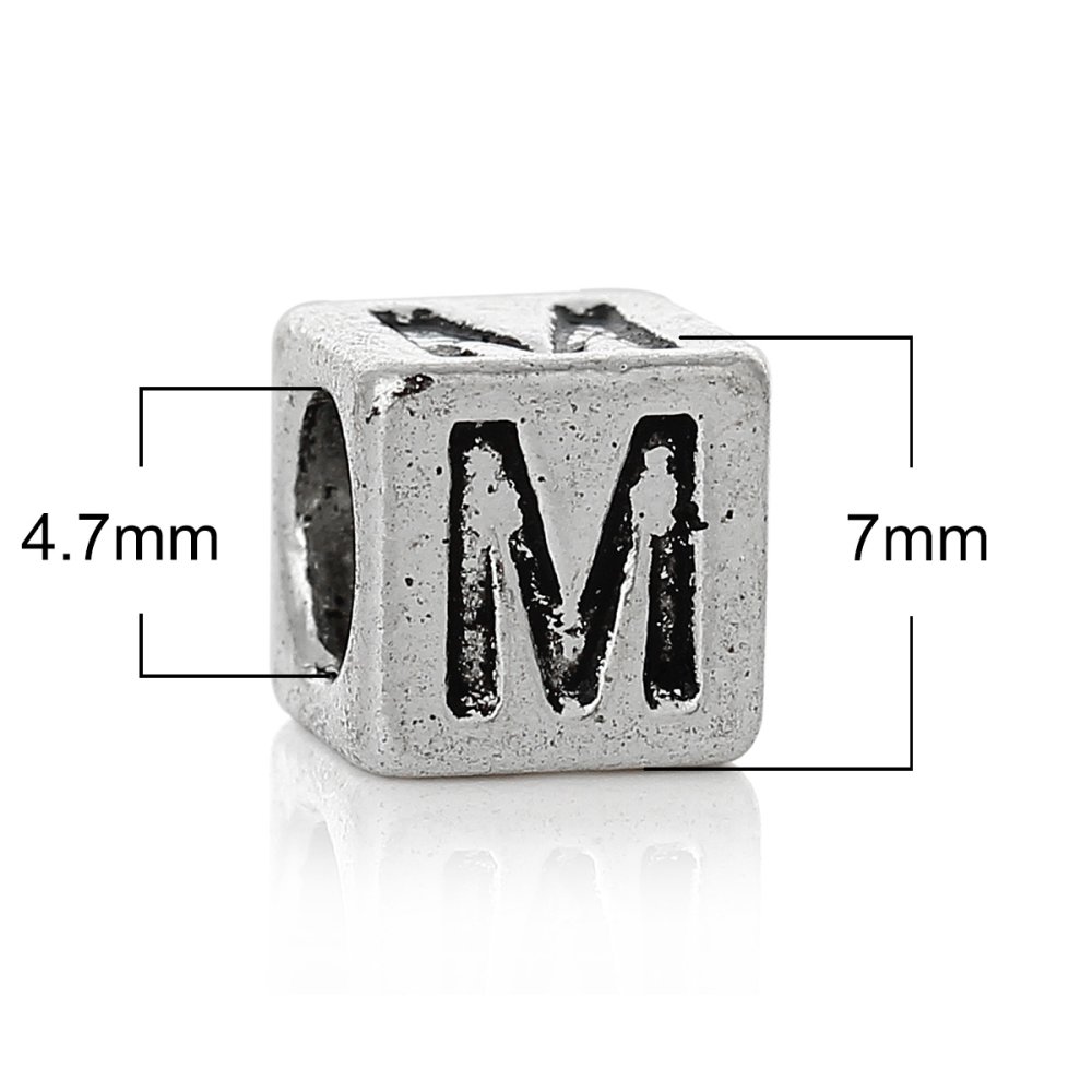 Perle carr&eacute; charms alphabet N&deg;01 lettre M m&eacute;tal argent&eacute; 7x7 mm