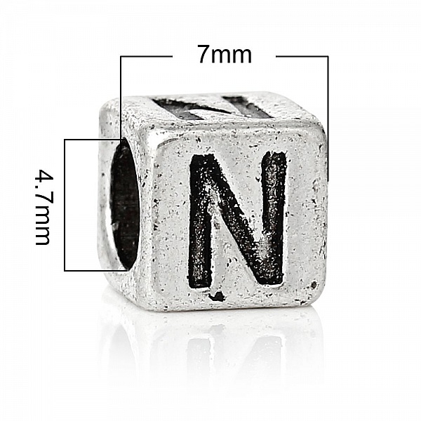 Perle carr&eacute; charms alphabet N&deg;01 lettre N m&eacute;tal argent&eacute; 7x7 mm