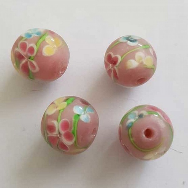 Perle fantaisie ronde c&eacute;ramique verre rose 15 mm N&deg;01 Fleurs