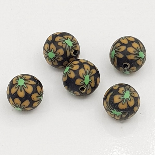 Perle p&acirc;te polym&egrave;re fond Noir et fleurs 12 mm