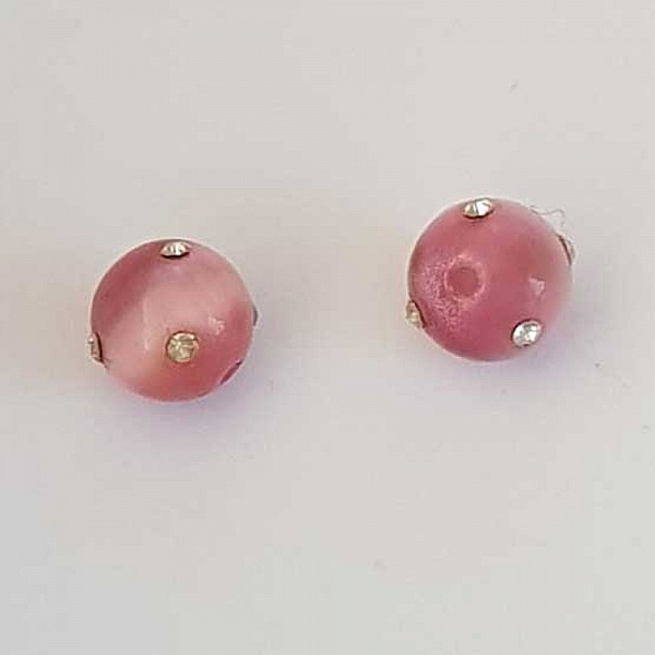 Perle ronde verre &oelig;il de chat rose et strass 10 mm N&deg;01