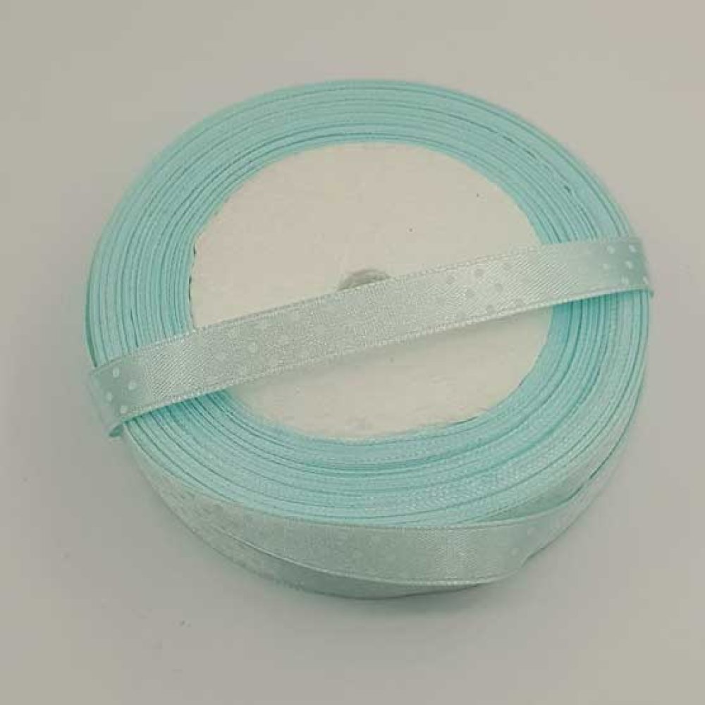 Ruban a pois vert d'eau et blanc de 10 mm au m&egrave;tre