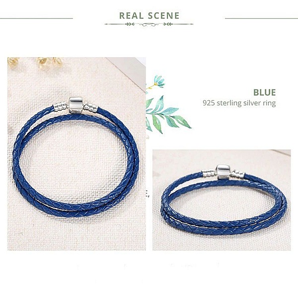 Bracelet Double Cuir Tress&eacute; Bleu 36 cm Fermoir Clip Argent 925