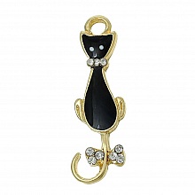 Lot de 5 Breloque Chat N&deg;08 Chat Dor&eacute; Noir N&oelig;uds Papillons &agrave; Strass Transparent Email 36 mm x 11 mm