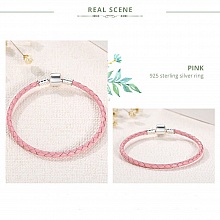 Bracelet Cuir Tress&eacute; Rose 19 cm Fermoir Clip Argent 925