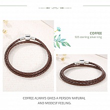 Bracelet Double Cuir Tress&eacute; Caf&eacute; 38 cm Fermoir Clip Argent 925