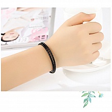 Bracelet Double Cuir Tress&eacute; Noir 40 cm Fermoir Clip Argent 925