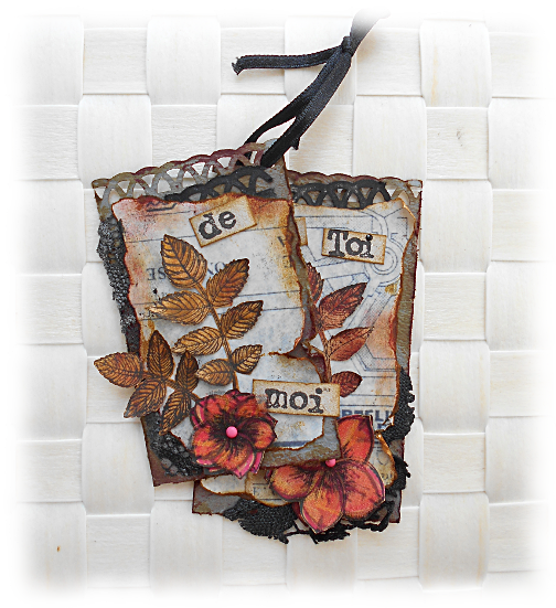 Duo de minis cartes alt&eacute;r&eacute;es scrap&eacute;es vintage gris et fleur rose toutes occasions