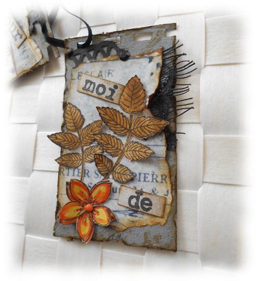 Minis cartes en duo scrap&eacute;es alt&eacute;r&eacute;es, r&eacute;tro, sur fond gris et fleur orange "Pour toi de moi"