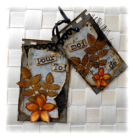 Minis cartes en duo scrap&eacute;es alt&eacute;r&eacute;es, r&eacute;tro, sur fond gris et fleur orange "Pour toi de moi"