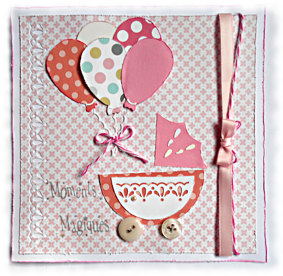 Naissance de petite fille, cette carte "moments magiques" coloris rose, blanc et gris souhaite la bienvenue, f&eacute;licitations naissance