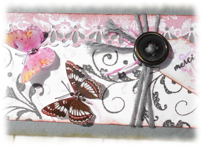 Remerciement toutes occasions carte tag shabby r&eacute;tro tons gris rose lien tissu 