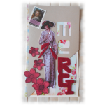 Remerciements carterie Charmante lady "r&eacute;tro" 1930  avec ses fleurs rouges et sequins, sentiment en feutrine
