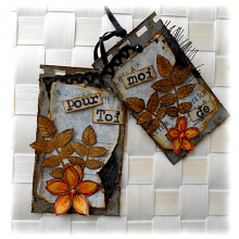 Minis cartes en duo scrap&eacute;es alt&eacute;r&eacute;es, r&eacute;tro, sur fond gris et fleur orange "Pour toi de moi"