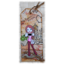 Style boho pour un marque-pages original tout en relief orang&eacute; ros&eacute; noir en carton forme tag