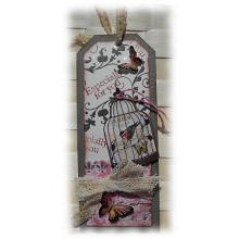 Shabby chic ou r&eacute;tro pour ce tag carte gris rose et dentelle  "Especially for you" aux papillons 3D coloris&eacute;s encre distress