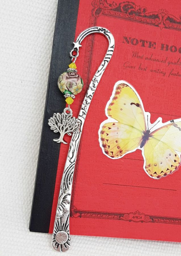 marque pages pendentif arbre de vie argent&eacute; &agrave; parsonnaliser avec perle artisanale jaune