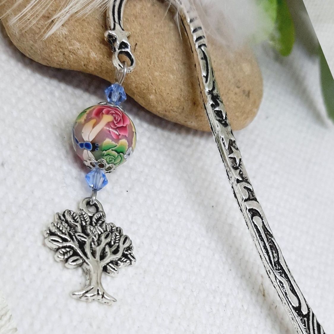 marque pages pendentif arbre de vie argent&eacute; &agrave; parsonnaliser avec perle artisanale jaune