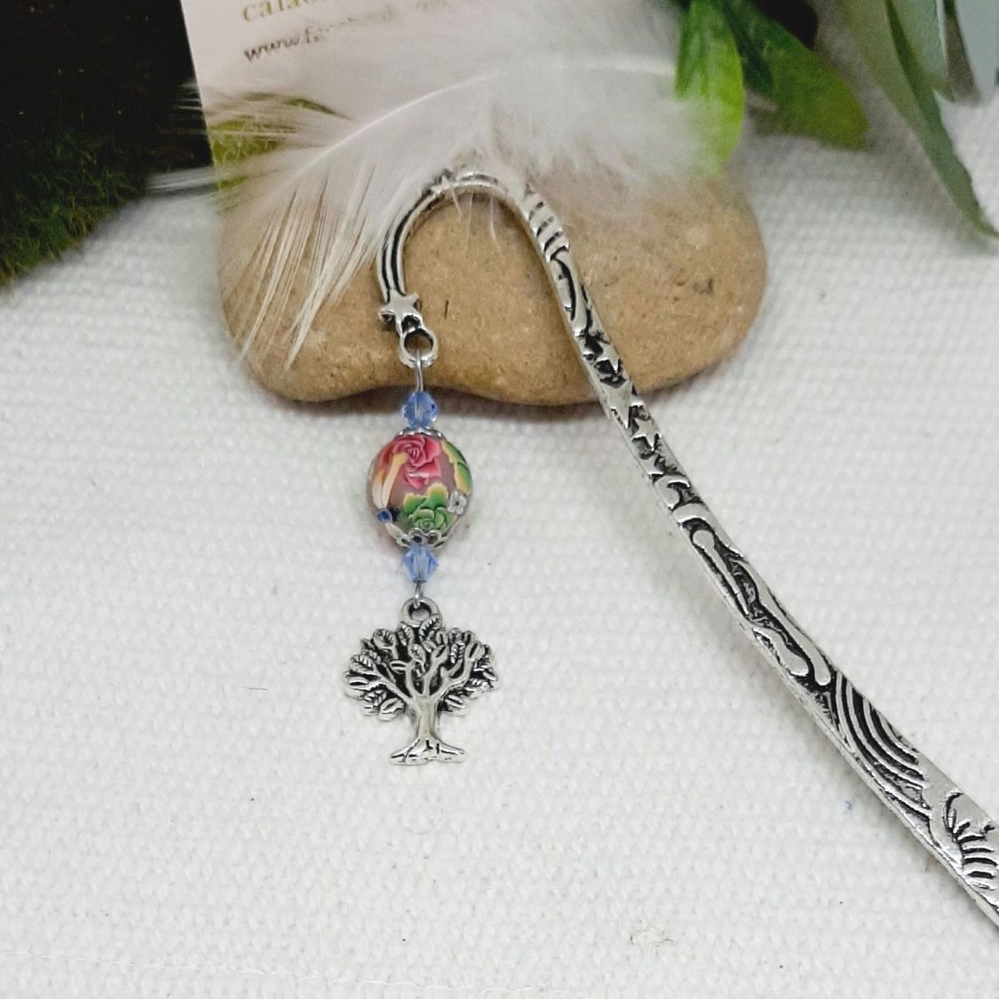 marque pages pendentif arbre de vie argent&eacute; &agrave; parsonnaliser avec perle artisanale jaune