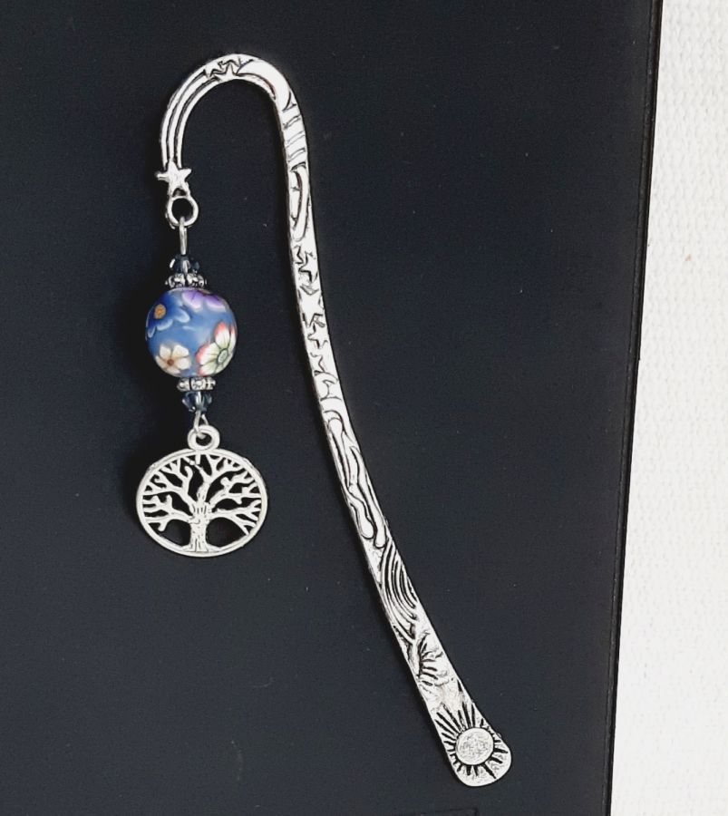 marque pages personnalisable arbre de vie argent&eacute; et perle artisanale bleu violet