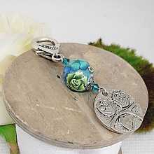 porte cl&eacute; argent&eacute; duo couple de chouettes hiboux et superbe perle bleu vert canard