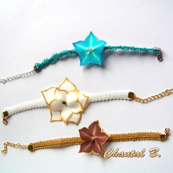 Bracelet turquoise dentelle guipure et sa fleur soie turquoise peinte