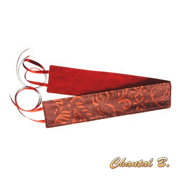 Ceinture large soie sauvage motifs arabesques orange fond brun fauve &agrave; nouer