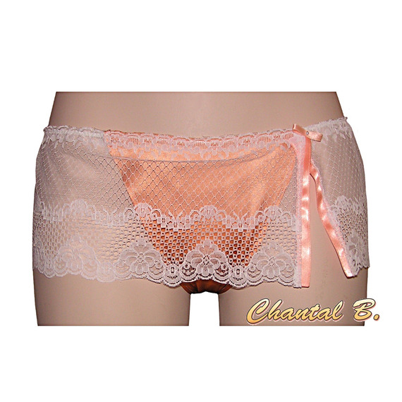 Nuisette lingerie caraco + string en satin de soie saumon et dentelle