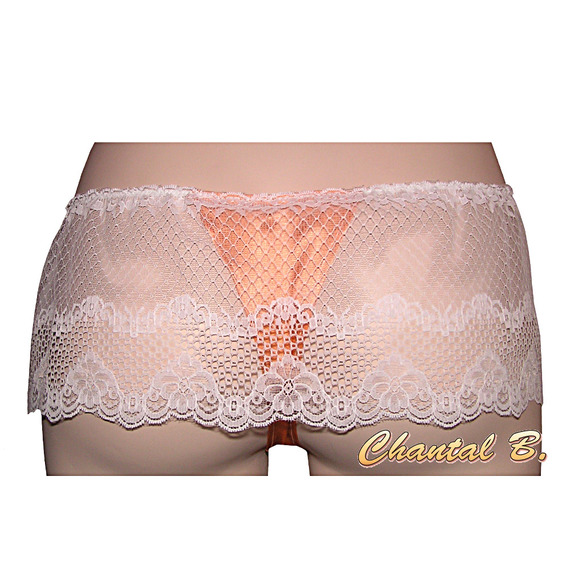 Nuisette lingerie caraco + string en satin de soie saumon et dentelle