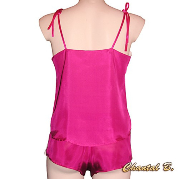 Nuisette lingerie caraco + boxer en soie fuchsia