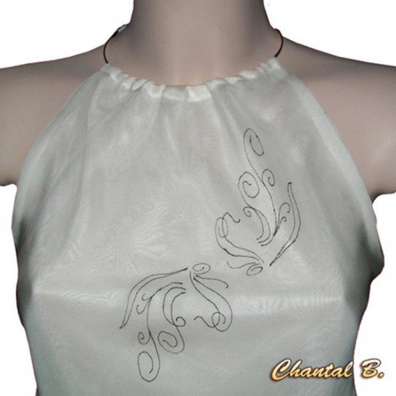 Top chemisier blanc avec ceinture dentelle noire peint &agrave; la main