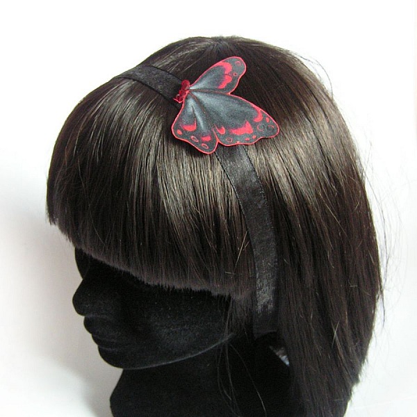 bandeau cheveux dentelle noire fleur d'organza et plumes fushia headband mariage fait main