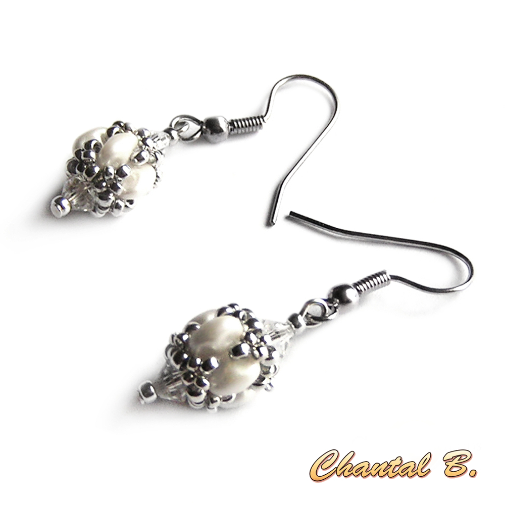 boucles d'oreilles mariage perles swarovski cristal perles de verre corail nacr&eacute; et argent