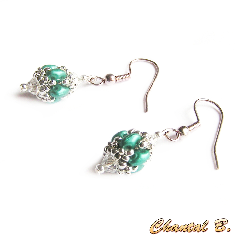boucles d'oreilles mariage perles swarovski cristal perles de verre corail nacr&eacute; et argent