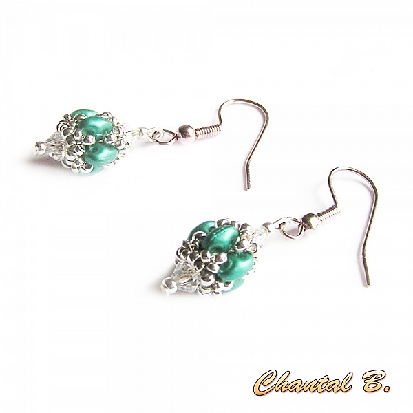 boucles d'oreilles mariage perles swarovski cristal perles de verre corail nacr&eacute; et argent