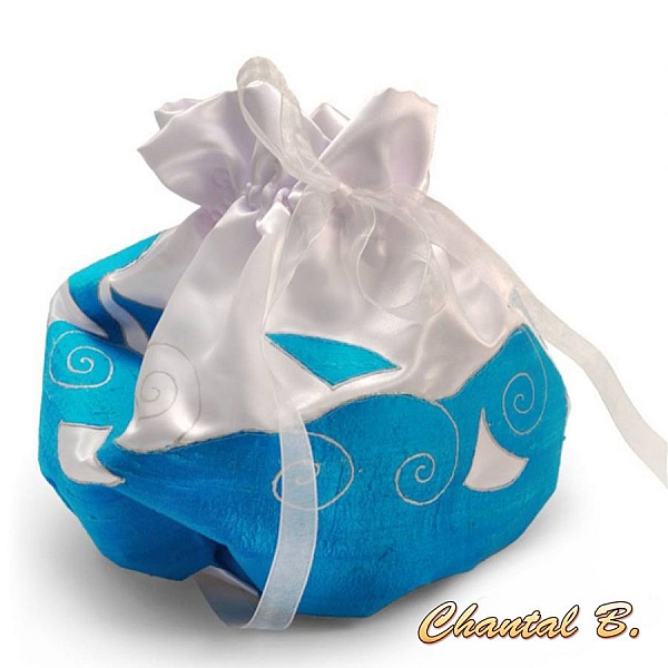 Bourse de mariée en soie turquoise et satin blanc.