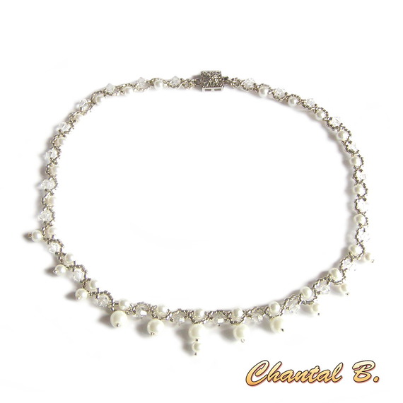 bracelet swarovski perles tiss&eacute;es swarovski cristal perles nacr&eacute;es et argent romantique mariage
