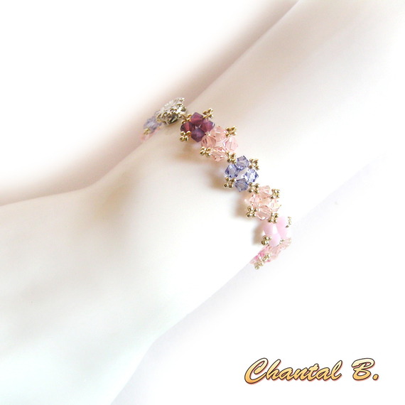 bracelet swarovski rose mauve fuchsia romantique perles tiss&eacute;es swarovski cristal rose et argent