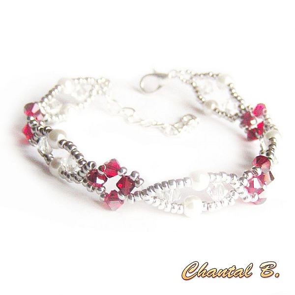 bracelet tiss&eacute; cristal swarovski rouge perles nacr&eacute;es et argent 