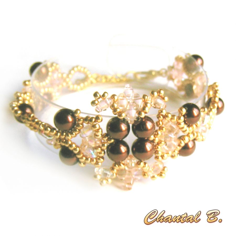 bracelet tiss&eacute; perles nacr&eacute;es chocolat perles transparentes saumon et or mariage soir&eacute;e
