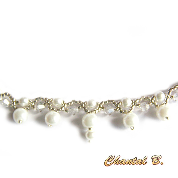 collier tiss&eacute; perles nacr&eacute;es blanches perles swarovski cristal et argent mariage soir&eacute;e