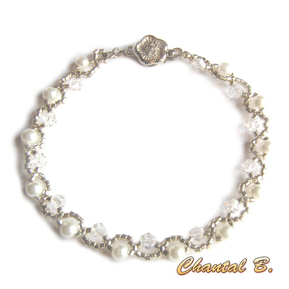 collier tiss&eacute; perles nacr&eacute;es blanches perles swarovski cristal et argent mariage soir&eacute;e