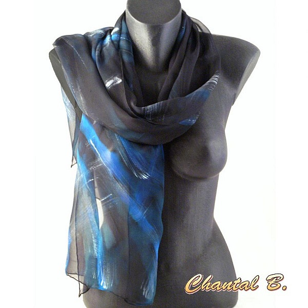 Foulard &eacute;charpe mousseline de soie turquoise argent et noir sur fond noir