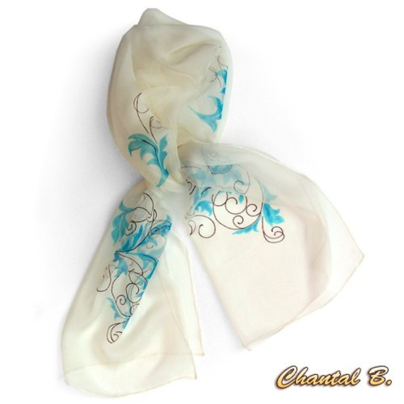 foulard turquoise soie arabesques dor&eacute; et chocolat