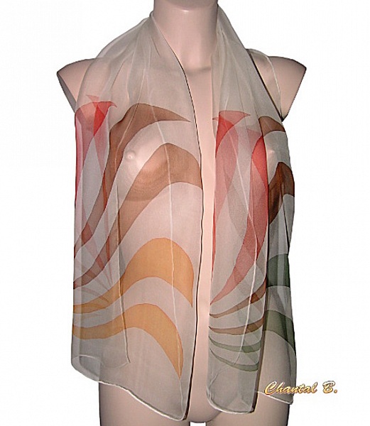 foulard &eacute;charpe mousseline de soie vert amande corail marron