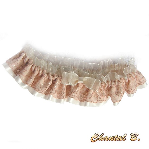 jarreti&egrave;re mariage romantique dentelle saumon ancienne satin et noeud organza