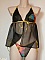 lingerie ensemble d&eacute;shabill&eacute; Caelia mousseline de soie noire et string fleur multicolore